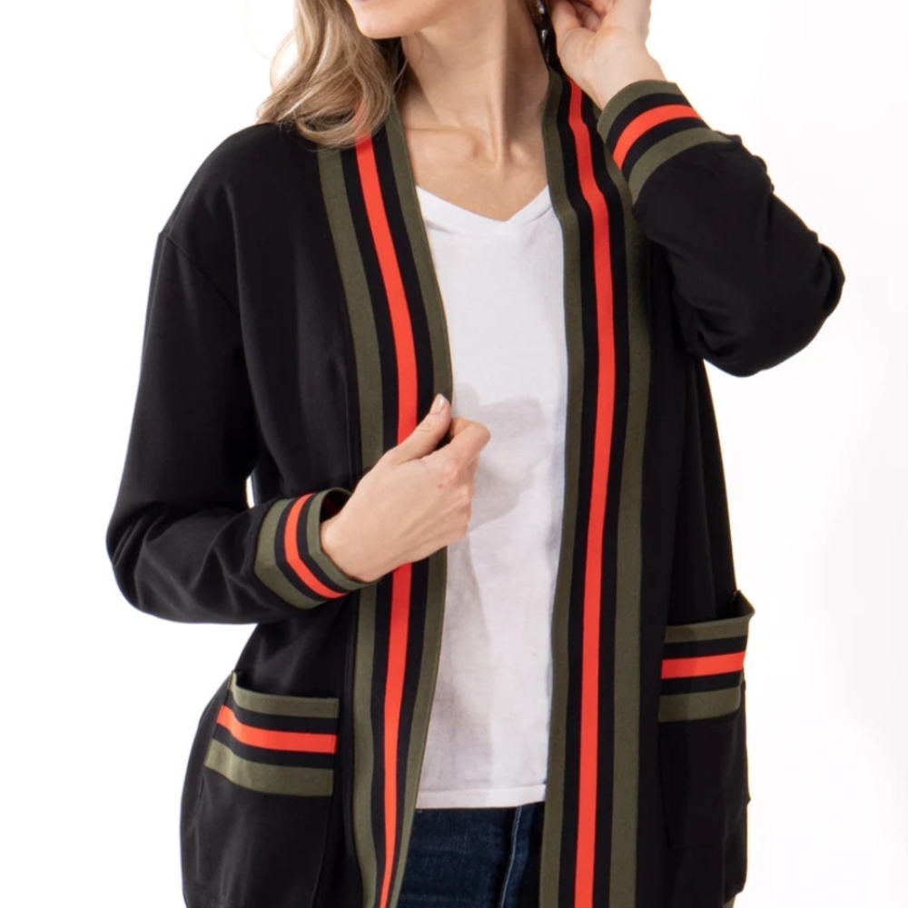 Elegant Black Cardigan with Red and Green Accents